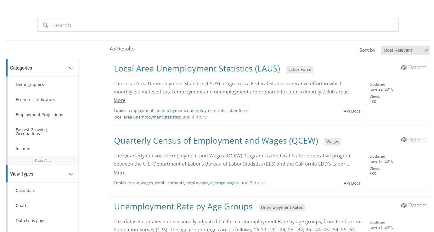 Results image: This is an example of what the page displays when a user selects the labor force dataset. It features filtering options on the left and includes the datasets in the main part of the page.