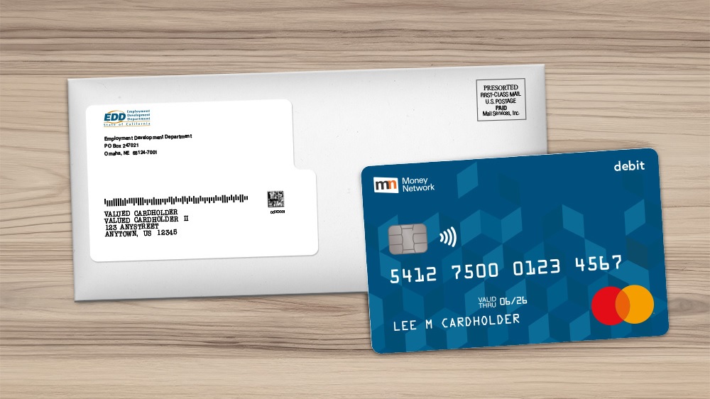 Money Network debit card placed on top of a white EDD envelope