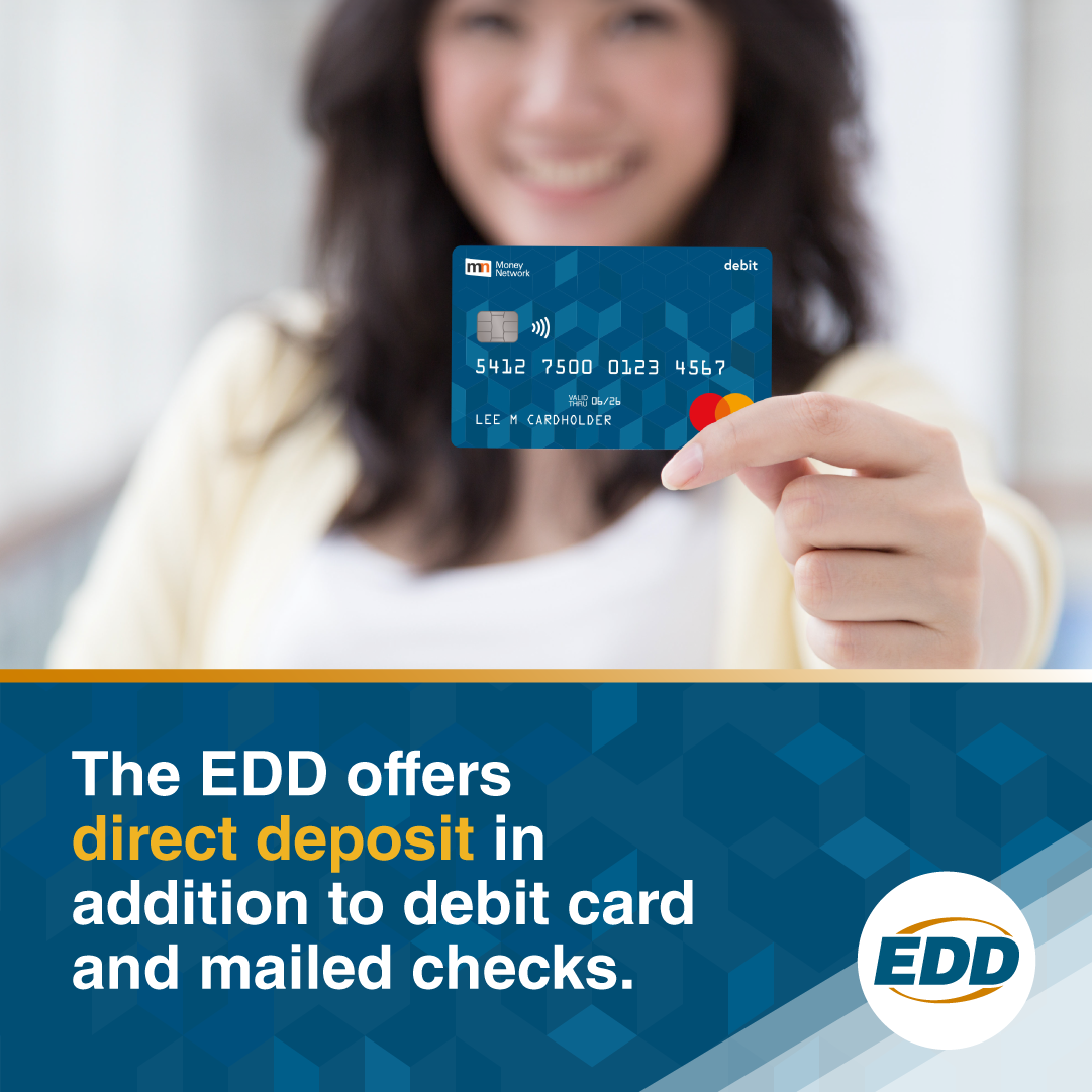 Smiling woman holding a blue debit card with text about direct deposit and mailed checks.