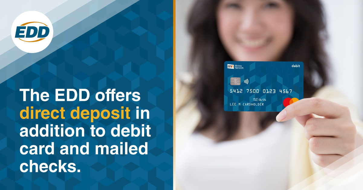 Smiling woman holding a blue debit card with text about direct deposit and mailed checks.