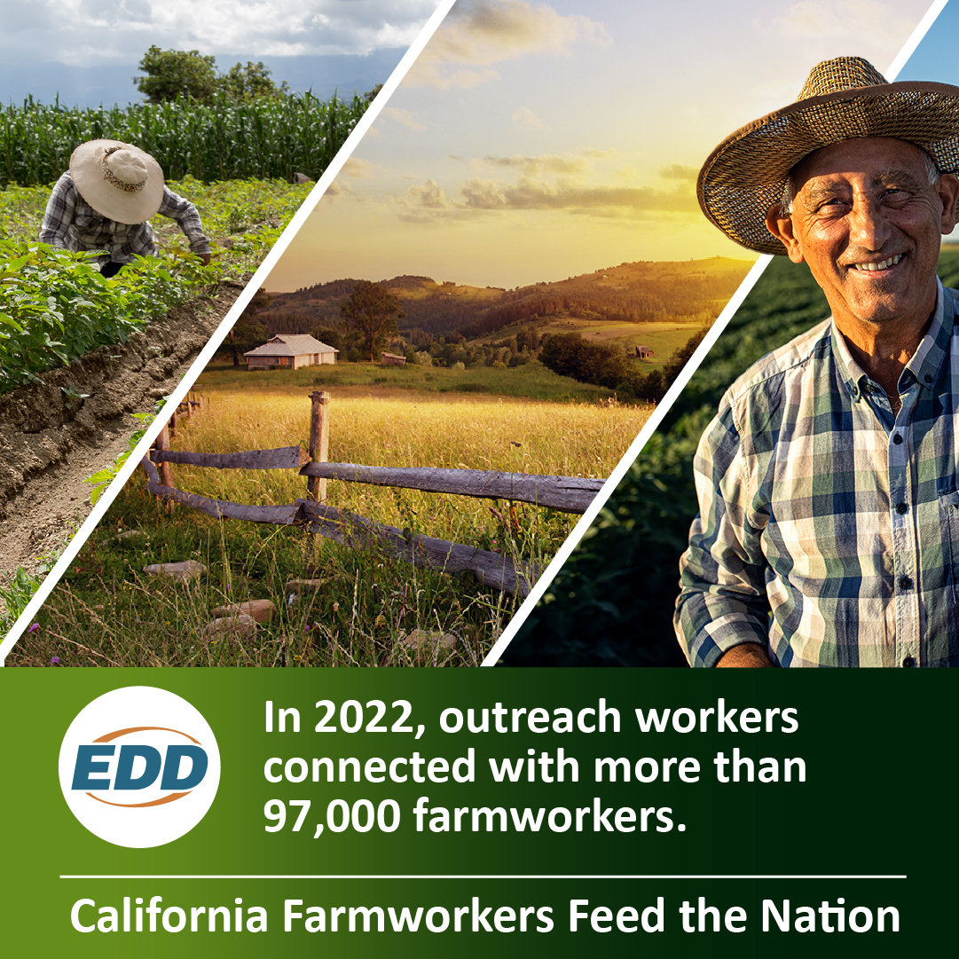 Collage of proud and smiling farmworkers, a farmhouse, and text about EDD’s outreach to 97,000 farmworkers in 2022.