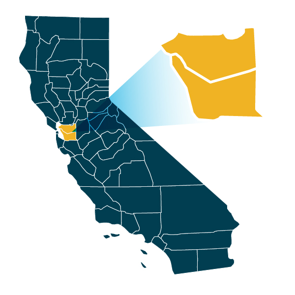 An image of the California East Bay region on a map of California