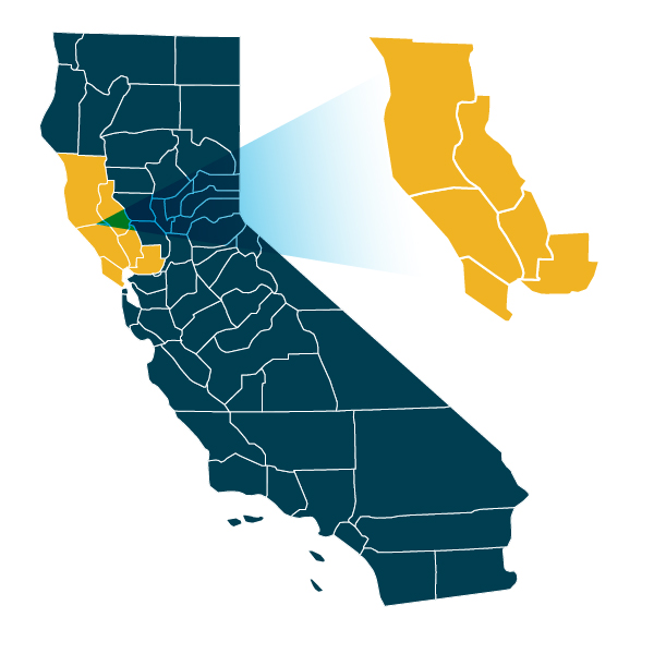 An image of the California North Bay region on a map of California