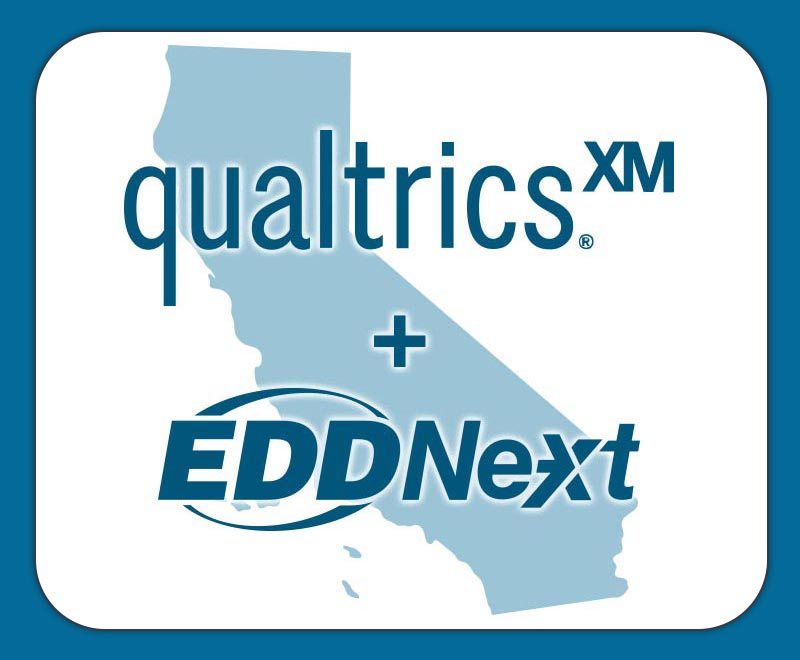 Qualtrics logo with eddNext logo over Calfornia map