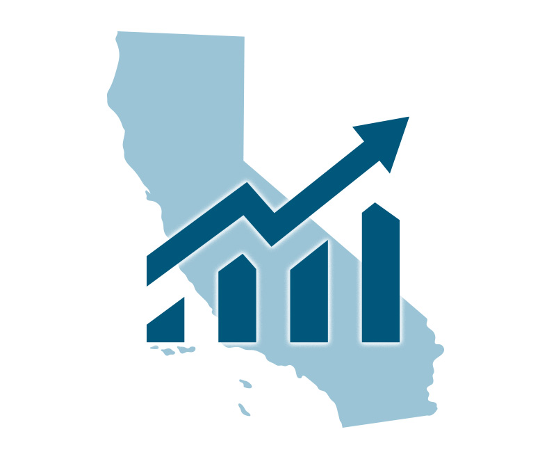 The shape of the state of California is filled in with light blue. A bar graph and an arrow are overlaid on the state, creating an upward trend line.