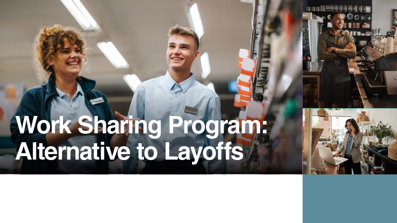 Image of people smiling in a work environment with the text, "Work Sharing Program: Alternate to Layoff"