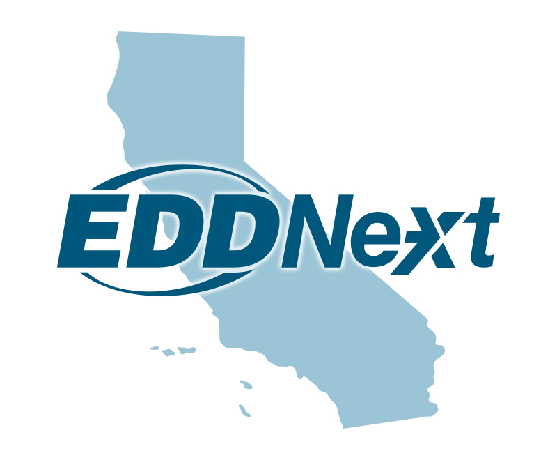 Blue and white EDDNext logo over the shape of California