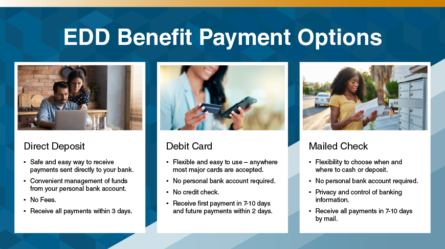 EDD benefit payment options are Direct Deposit, Debit Card, and mailed check.