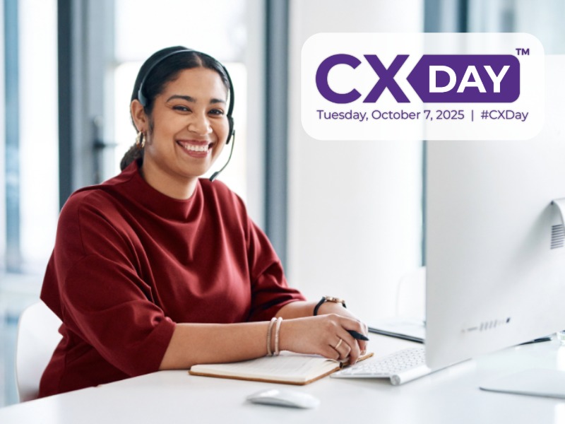 A smiling woman wearing a red top sits at a desk with a computer, celebrating CX Day. The image includes text reading 'CX Day, Tuesday, October 7, 2025, #CXDay  