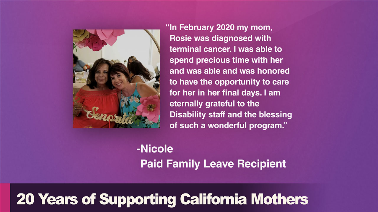 “2020年二月我母親Rosie被診斷為惡性腫瘤。我有幸能夠在她最後的日子和她在一起，並照顧她。我由衷地感謝殘障福利計劃的工作人員，並深受這個美好計劃的恩惠。”