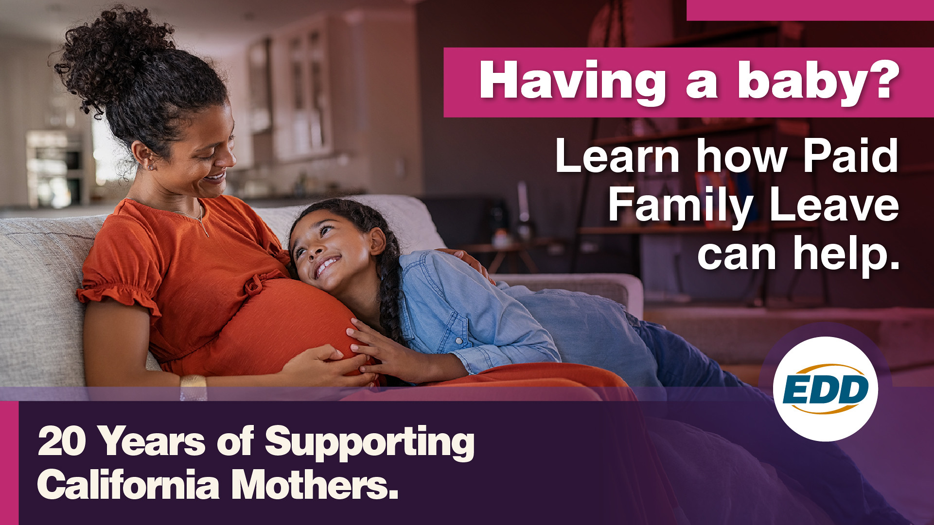 Pregnant mother sitting down on couch, hugging her young daughter.