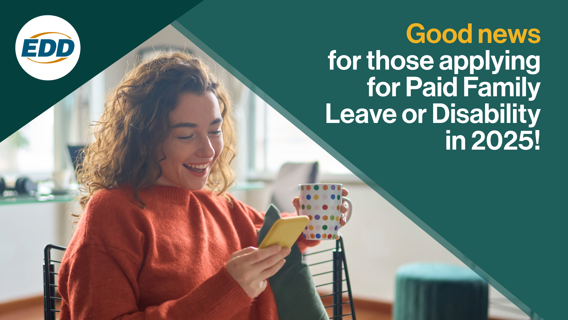 Smiling woman holding a blue debit card with text about direct deposit and mailed checks.