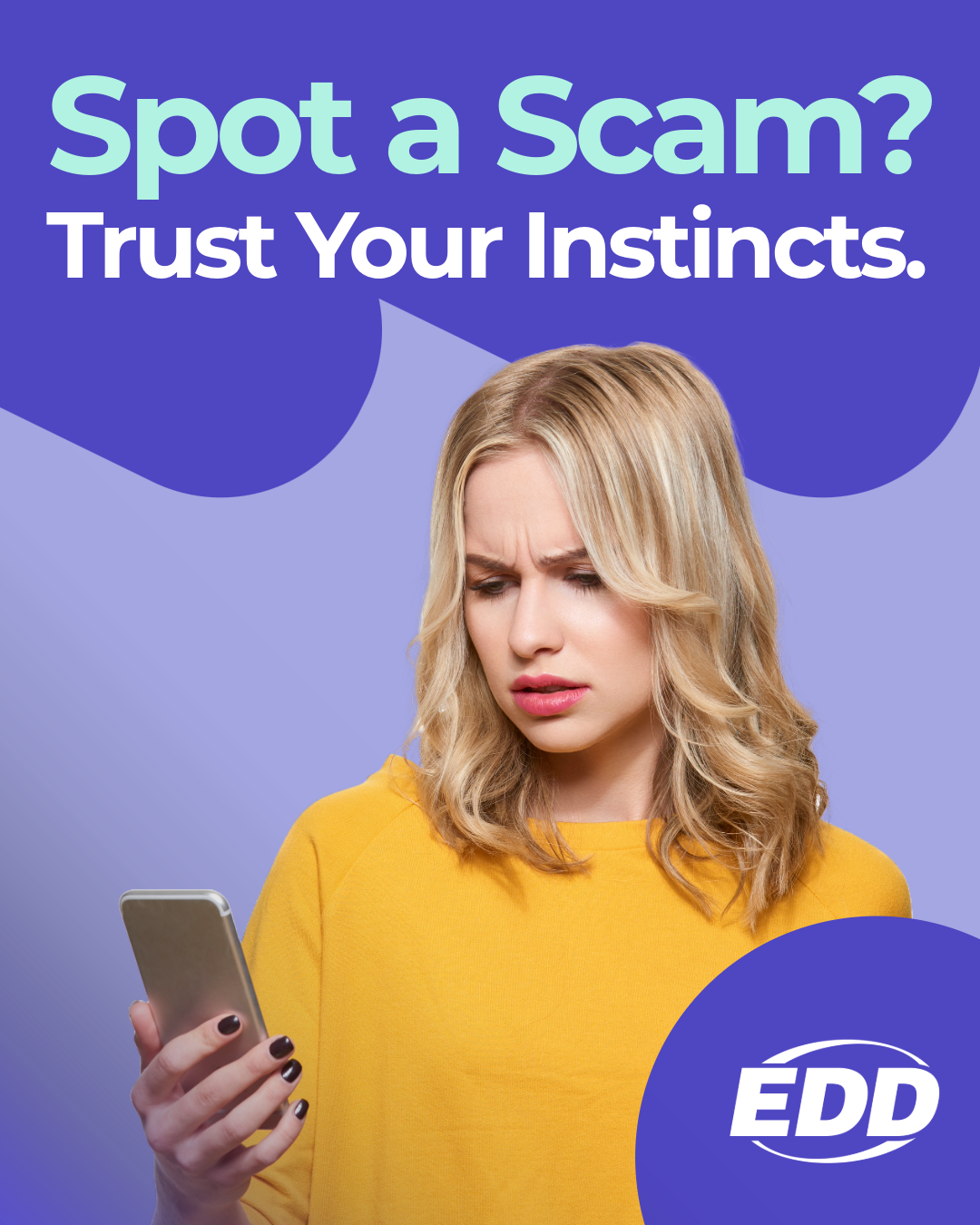 Smiling woman holding a blue debit card with text about direct deposit and mailed checks.