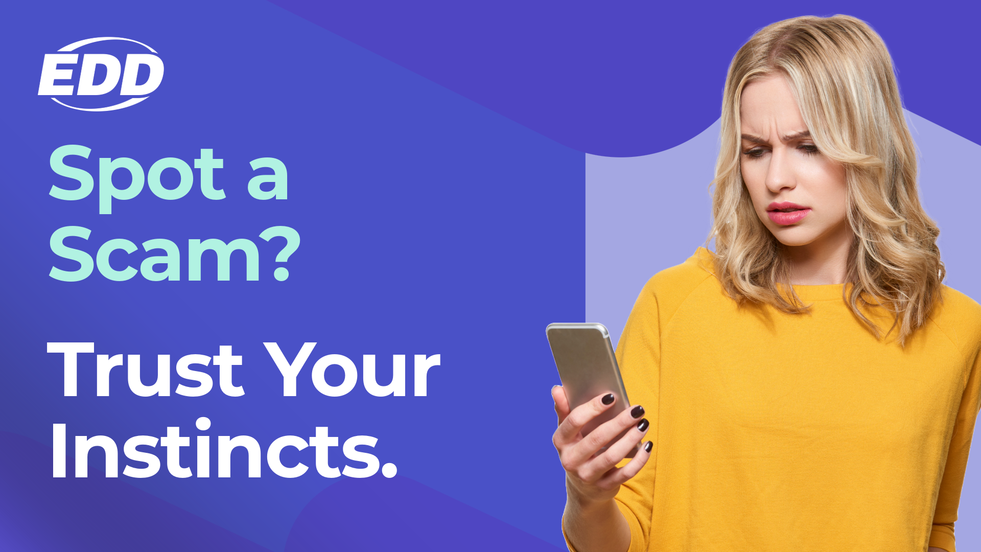 Smiling woman holding a blue debit card with text about direct deposit and mailed checks.