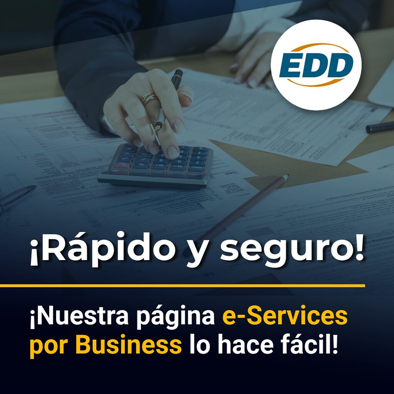 Persona trabajando en un escritorio y la frase “Rápido y seguro. ¡Nuestra página e-Services por Business lo hace fácil!”