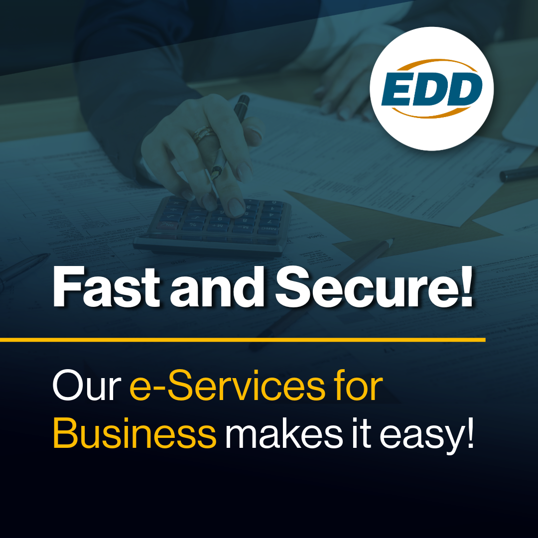 Person working at a desk with the text "Fast and secure. Our e-Services for Business makes it easy!"