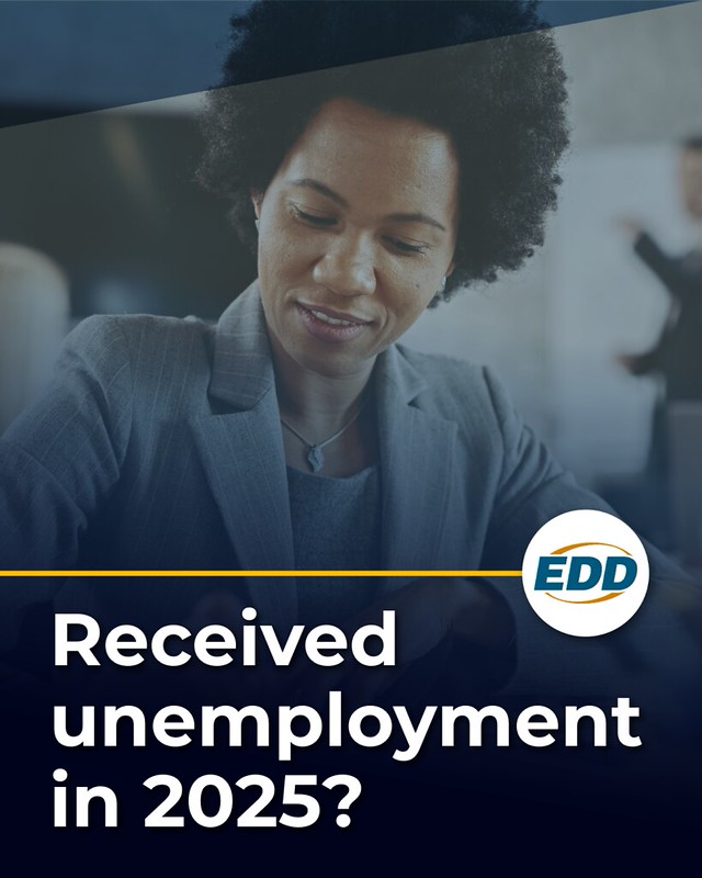Image of a woman working at her desk with the text "Received unemployment in 2025?"
