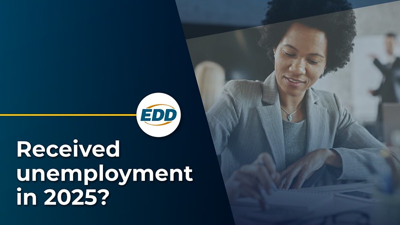 Image of a woman working at her desk with the text "Received unemployment in 2025?"